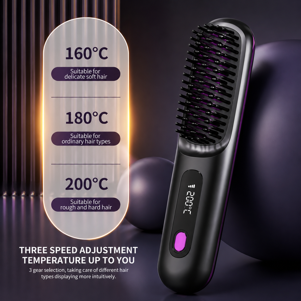 LCD rechargeable wireless straightening comb